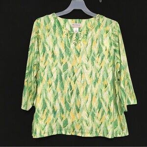 Alfred Dunner Plus Size 2X Green & Yellow Trimmed Neckline 3/4 Sleeve Top NWT